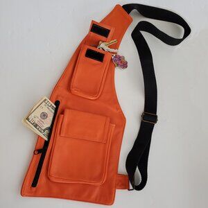 Orange Genuine Leather Sling Bag, Shoulder Bag, Cross Body Bag with Dual Zippers